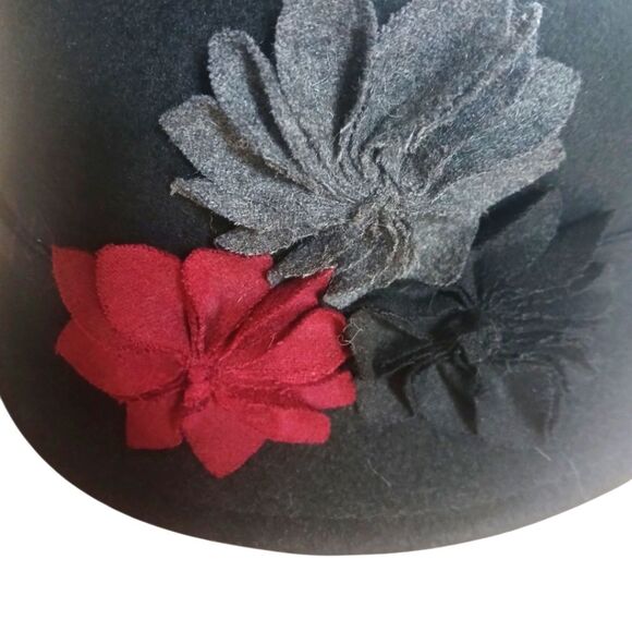 Flirty Women's Black Cloche Hat 100% Wool with Colorful Floral Fabric Accents - Picture 4 of 7